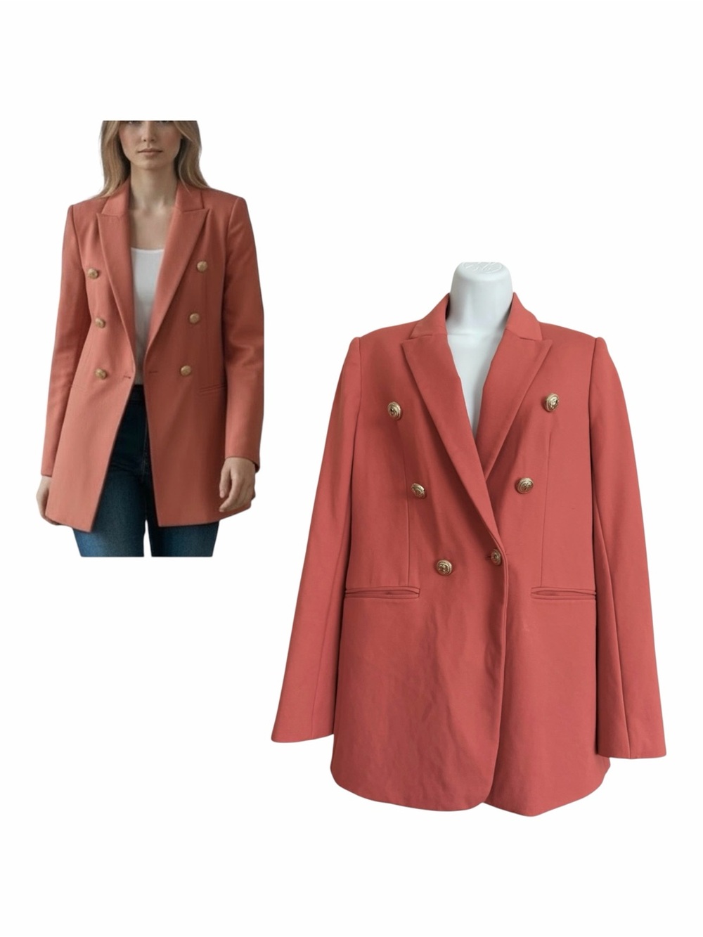 T TAHARI Coral Double Breasted Blazer Size 6 Gold Buttons Structured